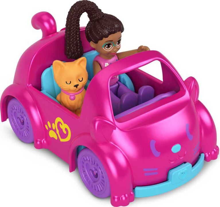 Polly Pocket Micro Doll with Cat-Themed Die-cast Car and Mini Pet, Travel Toys