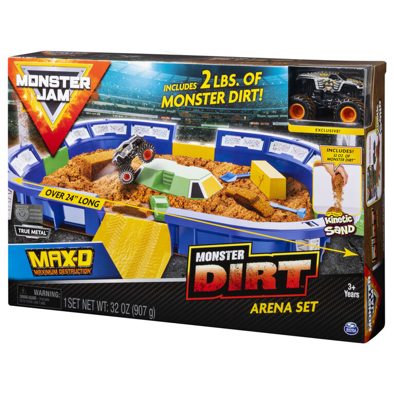Monster Jam, Coffret Monster Dirt Arena de 60 cm avec 907 g de Monster Dirt et monster truck Monster Jam exclusif en métal moulé à l'échelle 1:64 - Édition anglaise