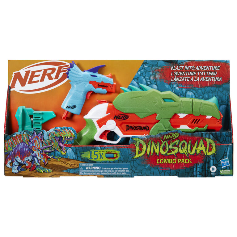 Nerf DinoSquad Combo Pack, 2 blasters Nerf aux designs de dinosaures  exclusifs, 15 fléchettes en mousse Nerf Elite - Notre exclusivité