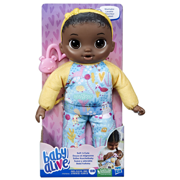 Baby Alive Soft 'n Cute Doll, Black Hair, 11-Inch First Baby Doll Toy, Washable Soft Doll, Teether Accessory