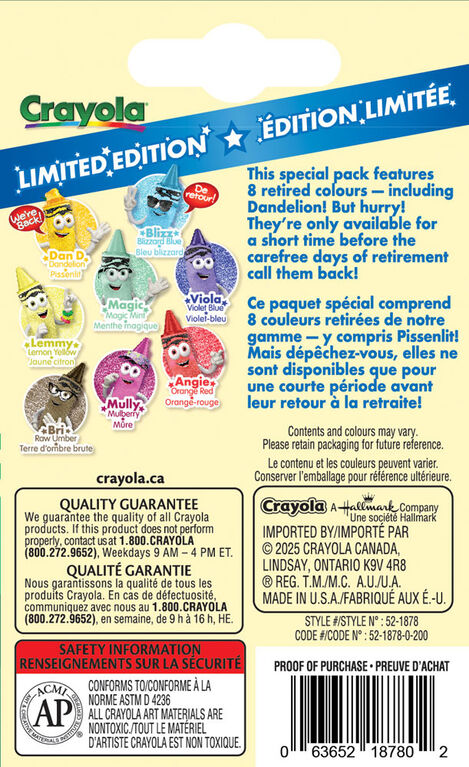 Crayons de couleur Crayola édition limitée, 8 couleurs archivées