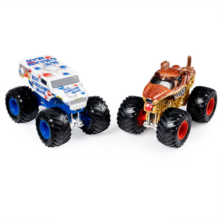 Monster Jam, Coffret de 2 véhicules authentiques Ice Cream Man vs Monster Mutt, Monster trucks en métal moulé à l'échelle 1:64.