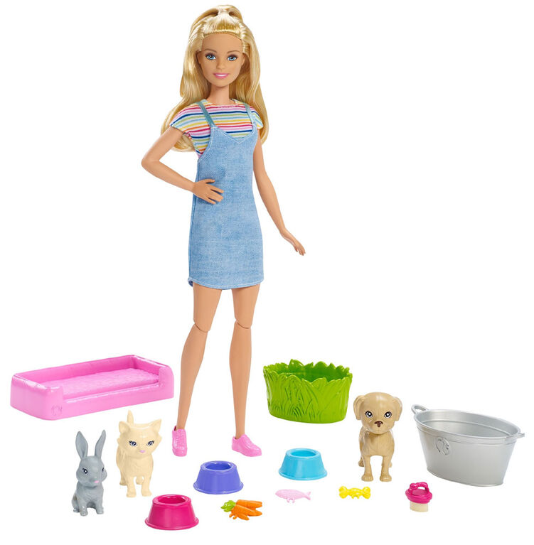 Coffret de jeu Bain des animaux Barbie avec poupée Barbie blonde et 3 figurines d'animaux à changement de couleur