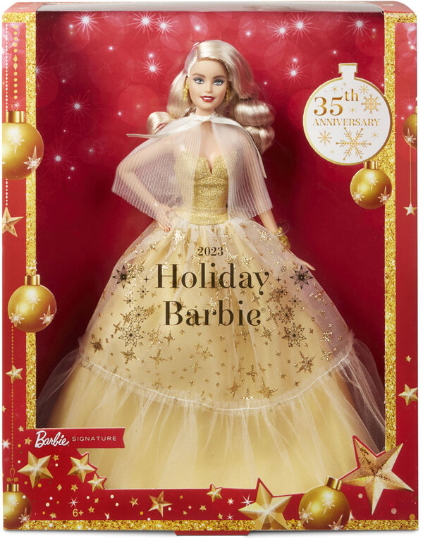 Barbie - Poupée Joyeux Noël 2023, robe dorée