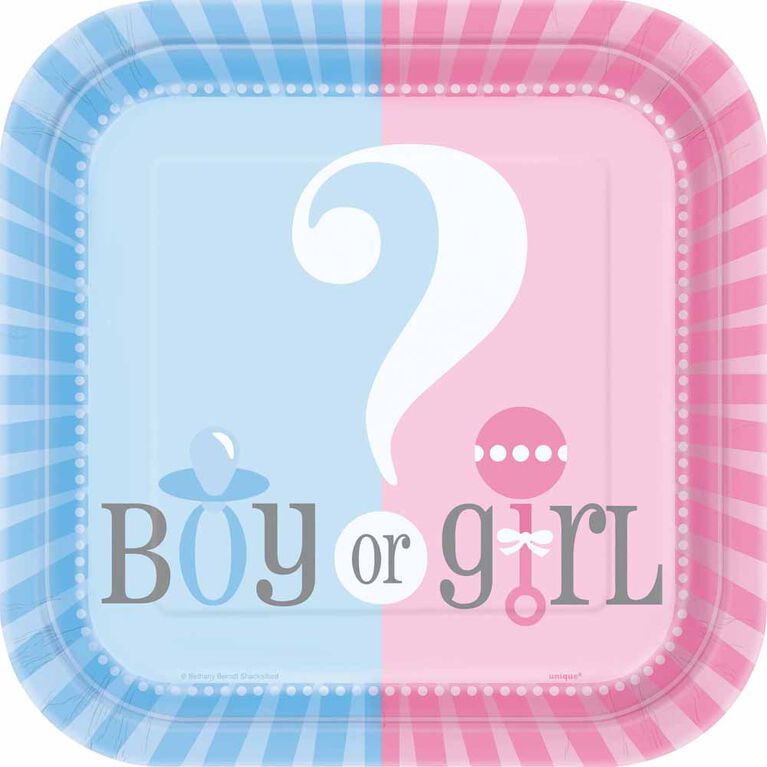 Gender Reveal Square 7"  Plates, 10 pieces - English Edition