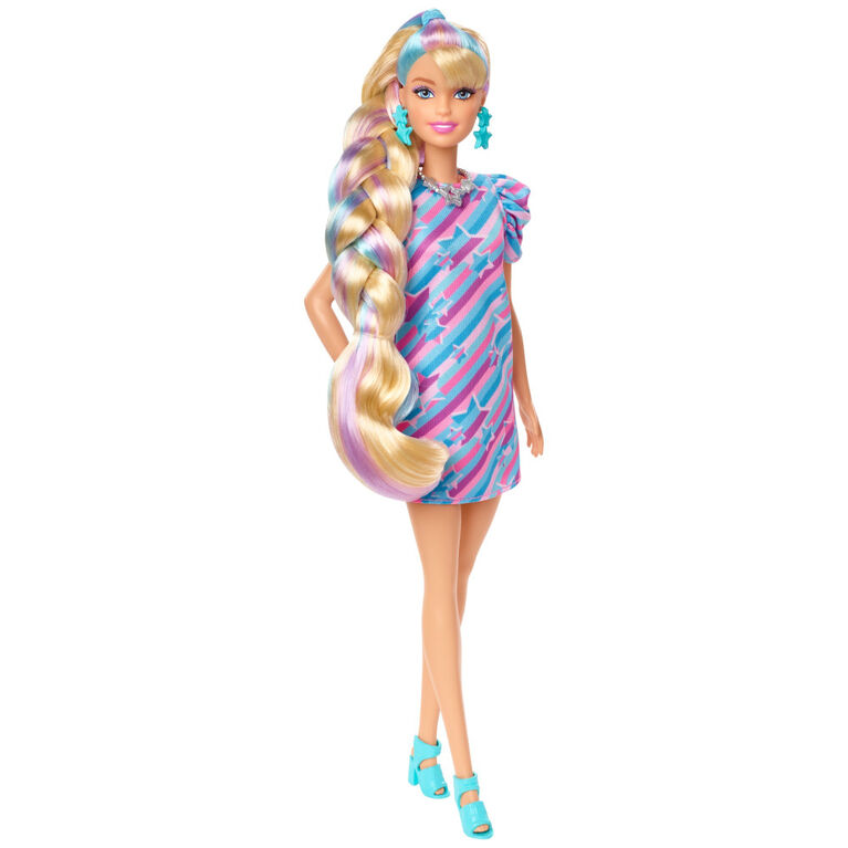 Barbie Totally Hair Star-Themed Doll, 8.5 inch Fantasy Hair, Dress, 15 Accessories