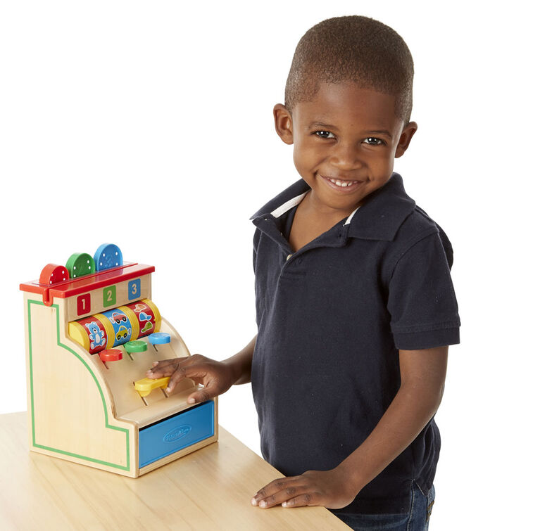 Melissa & Doug Spin and Swipe Wooden Toy Cash Register With 3 Play Coins, Pretend Credit Card - styles may vary