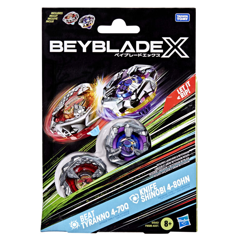 Beyblade X Beat Tyranno 4-70Q & Knife Shinobi 4-80HN Dual Pack Set with 2 Right-Spinning Tops; Authentic Takara Tomy Battle Tops
