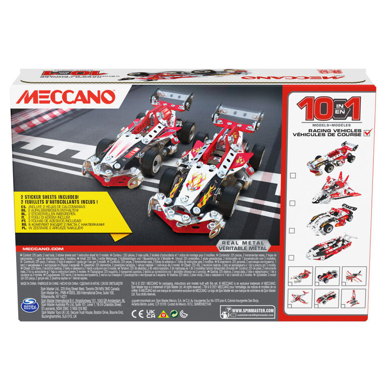 Meccano, 10-in-1 Racing Vehicles STEM Model Building Kit with 225 Parts and Real Tools