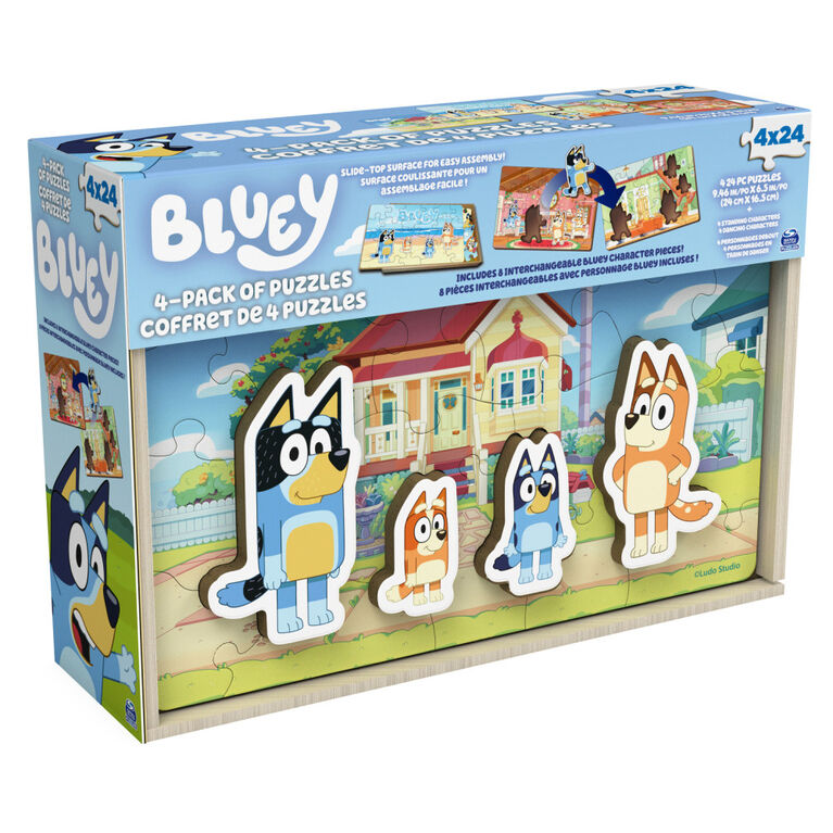 Bluey, 4-Pack of Wooden Puzzles with Bingo, Mum, and Dad Characters, 24 Piece Jigsaw Toy Gift Set