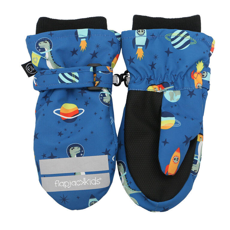 FlapJackKids - Toddler, Kids, Boys Water Repellent Ski Mittens - Ribbed Cuffs - Dino/Blue - Large 4-6 years