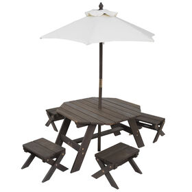 KidKraft - Wooden Octagon Table, Stools and Umbrella Set, Kids' Outdoor Furniture, Brown Bear and Beige