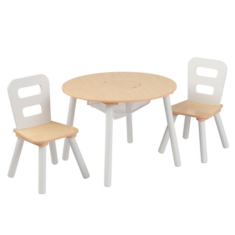 Ensemble table ronde avec rangement + 2 chaises - Coloris naturel et blanc