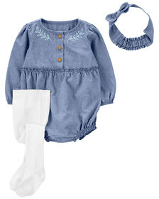 Carter's Three Pack Bodysuit, Headwrap And Tights Set Blue  6M