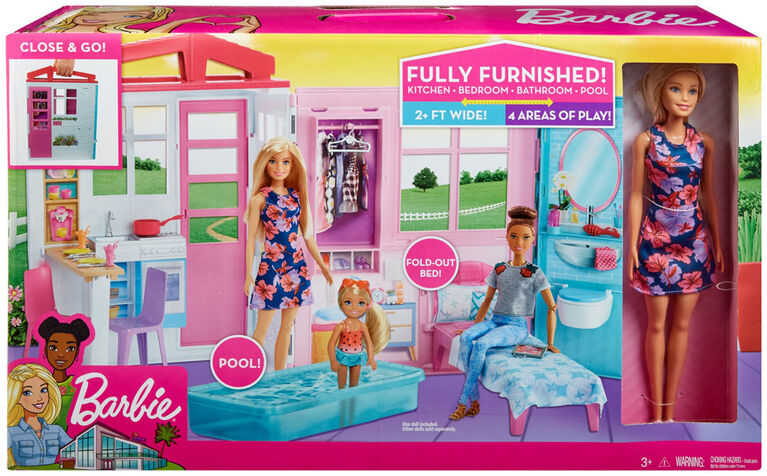 Poupée et maison de poupée Barbie, ensemble de jeu portable à 1 étage avec  piscine 