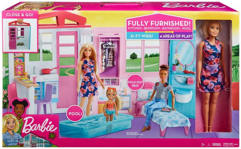 Poupée et Maison de poupée Barbie, coffret de jeu à 1 étage portatif avec  piscine