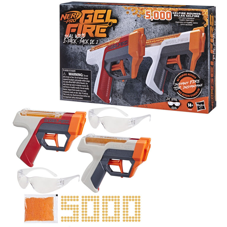 Nerf Pro Gelfire Dual Wield Pack, 2 blasters, tir sans amorçage, 5 000 billes Gelfire, 2 chargeurs-trémie 100 billes intégrés, 2 lunettes