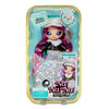 Na Na Na Surprise 2-in-1 Soft Fashion Doll and Metallic Purse Glam Series - Chrissy Diamond, Purple Hair Doll in Black and Silver Outfit with Silver Holographic Iridescent Cat Purse