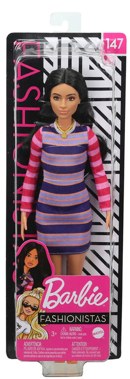 Barbie Fashionistas Doll #147 with Long Brunette Hair & Striped Dress ...