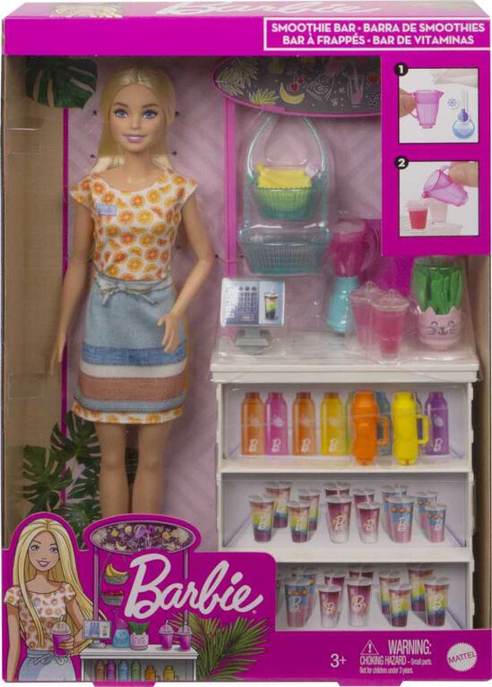 Barbie Smoothie Bar Playset, Blonde Barbie Doll, Smoothie Bar and 10 Accessories