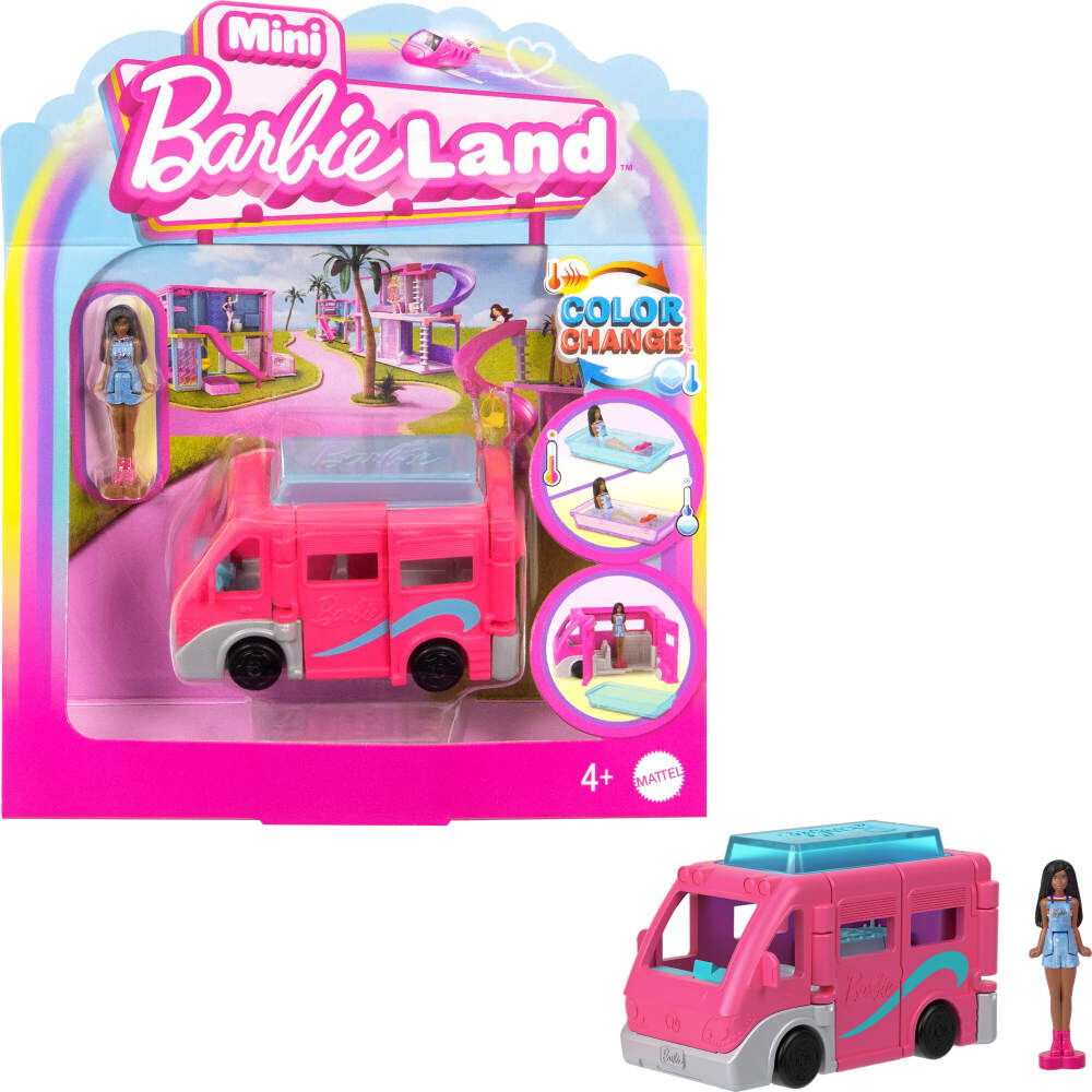 Barbie Mini BarbieLand Doll Toy Vehicle Set 1.5 inch Barbie Doll DreamCamper with Working Doors Color Change Pool