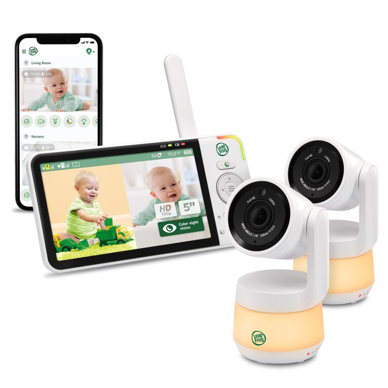 LeapFrog Moniteur de bébé Wi-Fi 1080p panoramique à 360 degrés et inclinaison à 2 camér affichage haute définition 720p de 5 po, veilleuse, vision nocturne couleur, LF925-2HD (blanc)