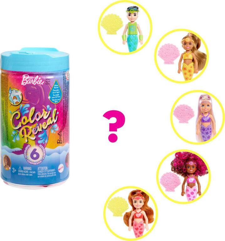 Barbie-Poupée Chelsea ColorReveal Sirène Arc-en-ciel, 6Surprises