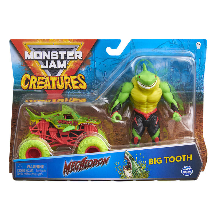 Monster Jam, Official Megalodon 1:64 Scale Monster Truck and 5-inch Big Tooth Creatures Action Figure (Zombie Green)