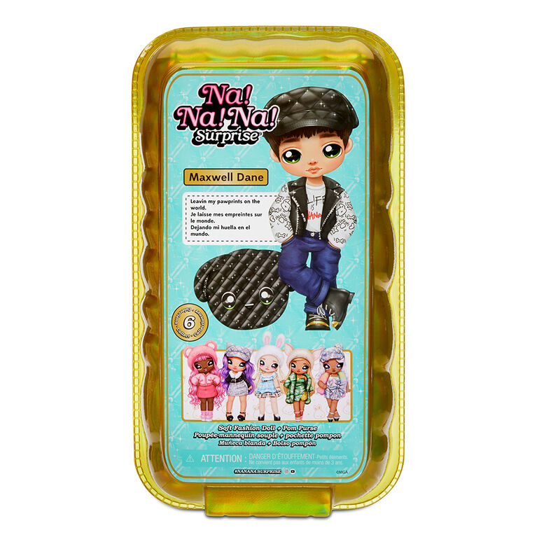 Na Na Na Surprise 2-in-1 Fashion Doll and Metallic Purse Glam Series - Maxwell Dane, Brunette Boy Doll in Dog Ear Hat with Puppy Purse