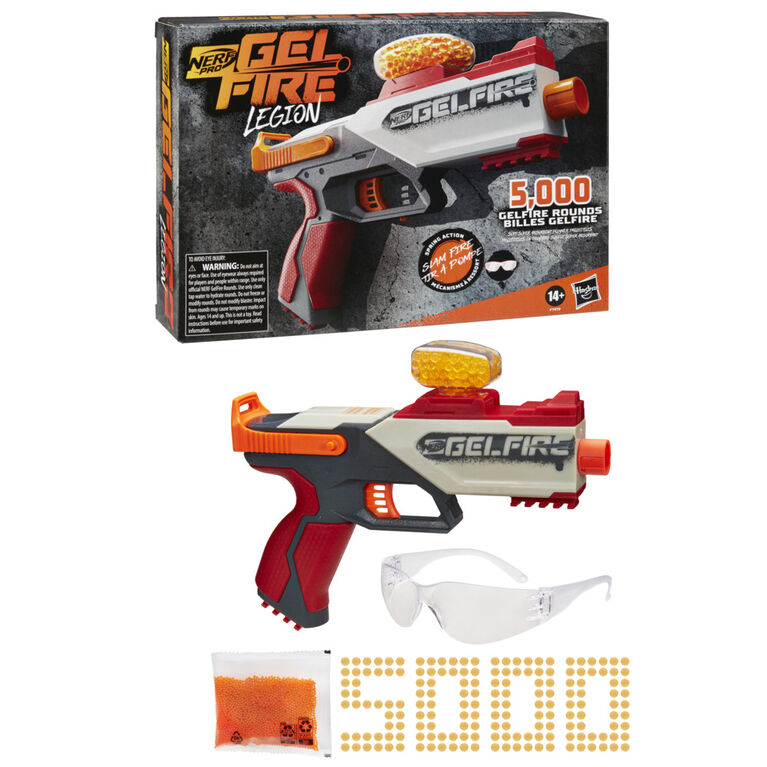 Nerf Pro Gelfire, blaster à ressort Legion, 5 000 billes Gelfire,  chargeur-trémie 130 billes, lunettes de protection, tir à pompe