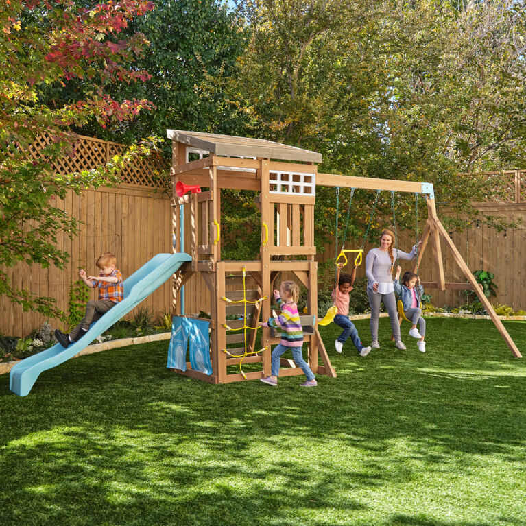 KidKraft - Modern Outdoor Wooden Swing Set / Playset with Fireman's Pole, Reversible Bench - R Exclusive