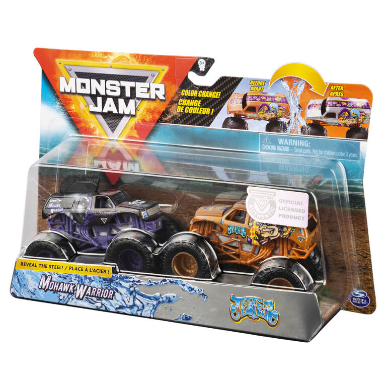 Monster Jam, Monster trucks Mohawk Warrior vs Jester officiels qui changent de couleur en métal moulé, échelle 1:64