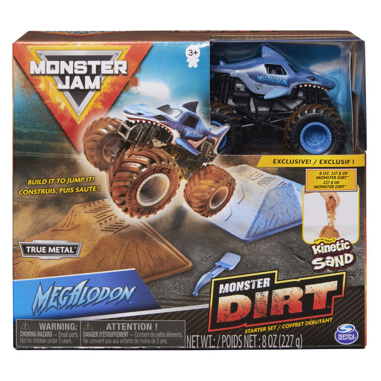 Monster Jam, Coffret débutant Monster Dirt Megalodon, avec 226 g (8 oz) de Monster Dirt et un monster truck Monster Jam officiel en métal moulé à l'échelle 1:64