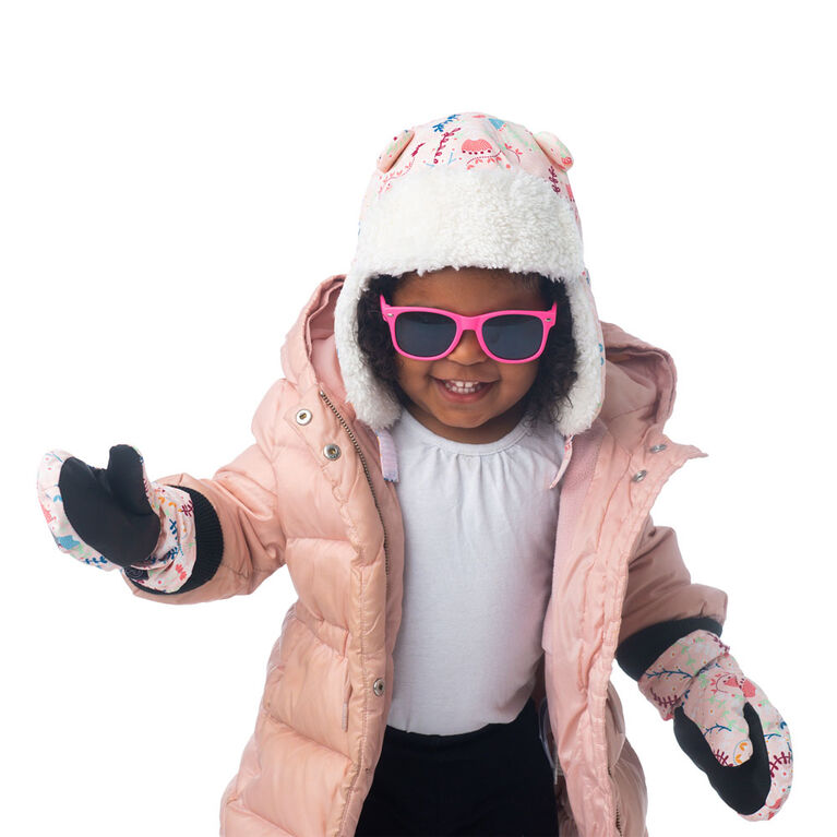 FlapJackKids - Toddler, Kids, Girls Water Repellent Ski Mittens - Ribbed Cuffs - Floral Pink - Large 4-6 years