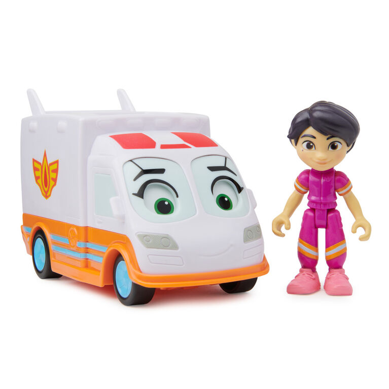 Disney Junior Firebuds, Violette et Axelle, figurine articulée et ambulance avec mouvement des yeux interactif