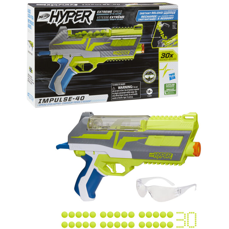 Nerf Hyper Impulse-40 Blaster, 30 Nerf Hyper Rounds, Spring-Open Instant Reload Hopper, Up To 110 FPS Velocity, Eyewear Included