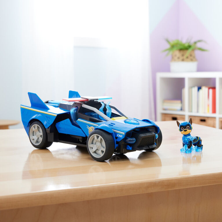 PAW Patrol : La Super Patrouille le film, Mighty Transforming Cruiser de Chase avec figurine articulée Super Patrouille, effets sonores et lumineux