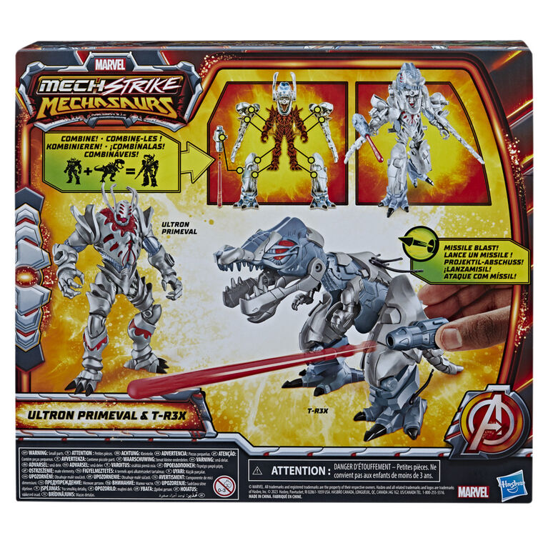 Marvel Mech Strike Mechasaurs 4.5" Ultron Primeval with T-R3X Mechasaur Action Figures, Super Hero Toys