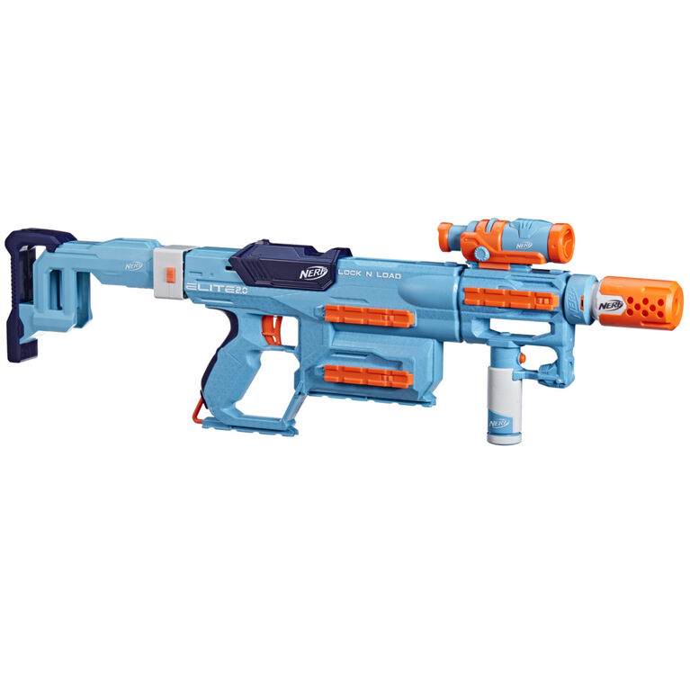 Nerf Elite 2.0, pack Lock N Load, blaster, 30 fléchettes Nerf Elite, crosse, canon, poignée, viseur