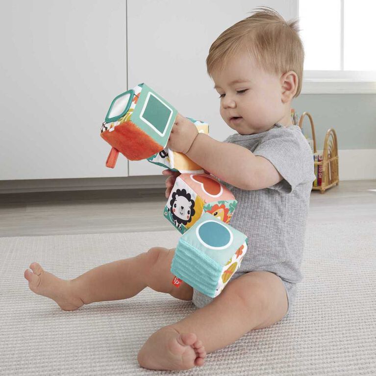 Fisher-Price Tethered Soft Blocks Newborn Toy with Sensory Activities, Fun-to-Flip