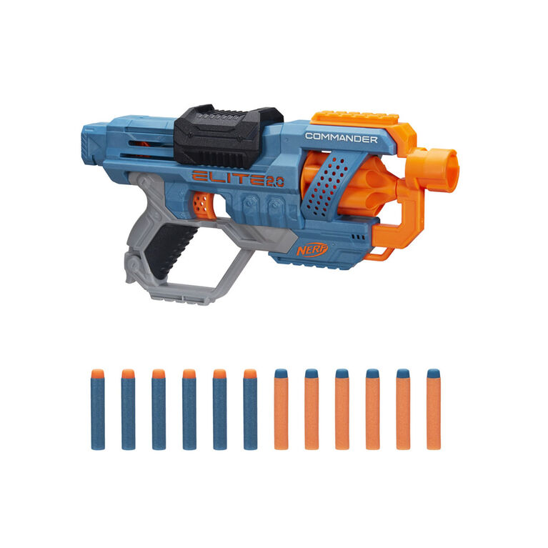 Nerf Elite 2.0, blaster Commander RD-6, 12 fléchettes Nerf officielles, barillet rotatif 6 fléchettes, rails tactiques, points de fixation