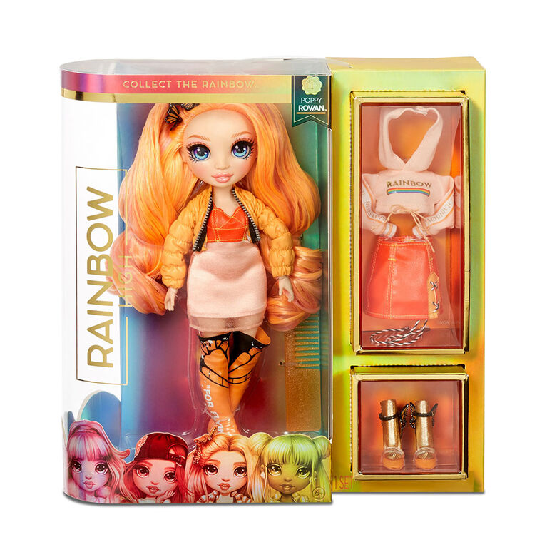 Rainbow High Poppy Rowan : poupée-mannequin orange avec 2 tenues