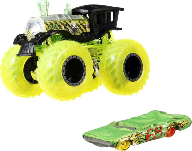 Hot Wheels Monster Trucks 1:64 Scale Vehicles 2 Pack; 1 Die-Cast Truck & 1 Car