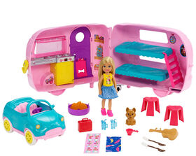 Coffret de jeu Caravane Barbie Club Chelsea avec poupée, chiot, voiture, caravane qui se transforme et accessoires