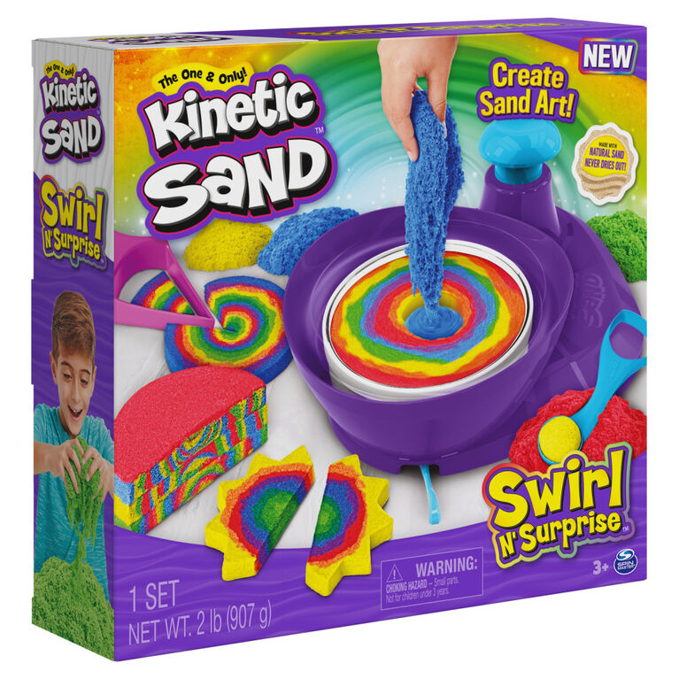 Kinetic Sand, Coffret Swirl N' Surprise avec 907 g de sable modelable rouge, bleu, vert et jaune et 4 outils