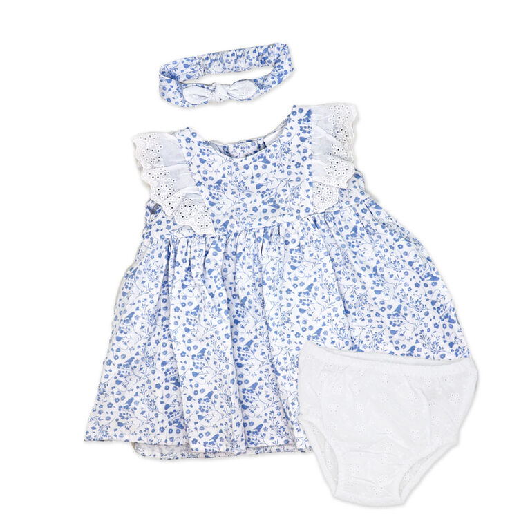 Rock a Bye Baby   Blue 3 Piece   Eyelet Dress 0-3M