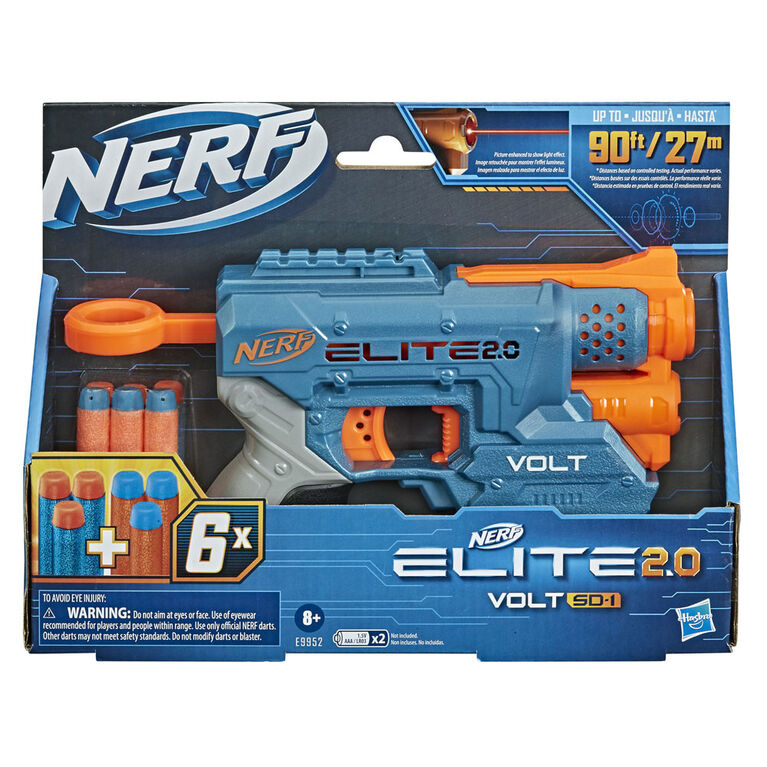 Nerf Elite 2.0, blaster Volt SD-1, 6 fléchettes Nerf officielles, faisceau lumineux de visée, rangement pour 2 fléchettes, 2 rails tactiques