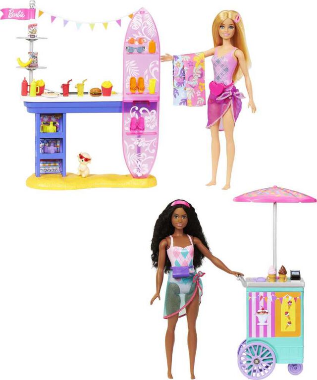 Barbie Beach Boardwalk Playset with Barbie "Brooklyn" and "Malibu" Dolls, 2 Stands and 30+ Accessories