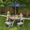 KidKraft - Wooden Octagon Table, Stools and Umbrella Set, Kids' Outdoor Furniture, Barnwood Gray and Navy