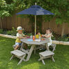 KidKraft - Ensemble de tabourets, parasol et table octogonale de bois, mobilier de jardin pour enfants, gris bois de grange et marine